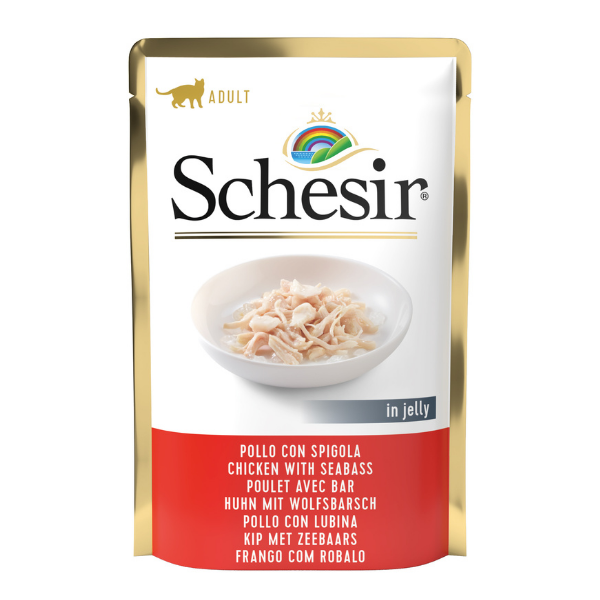 Schesir Cat Soft Adult filetti in gelatina alimento completo bustine 85 gr - Filetti di Pollo con Spigola