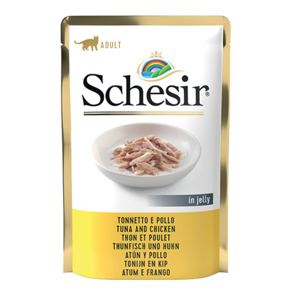 Schesir Cat Soft Adult filetti in gelatina alimento completo bustine 85 gr - Tonnetto con Filetti di Pollo