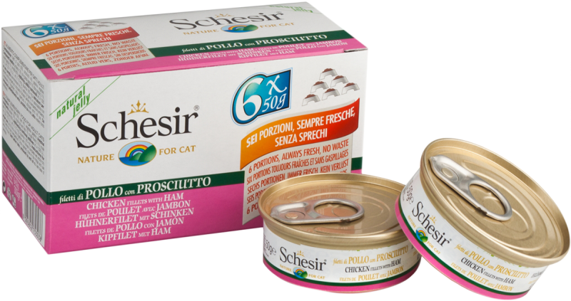Schesir Cat Soft Adult filetti in gelatina alimento completo lattina Multipack 6x50 gr - Filetti di Pollo con Prosciutto