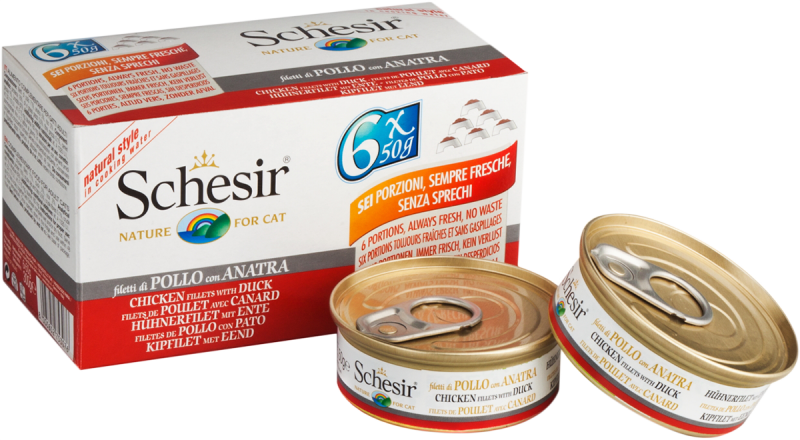 Schesir Cat Soft Adult filetti in gelatina alimento completo lattina Multipack 6x50 gr - Filetti di Pollo con Anatra