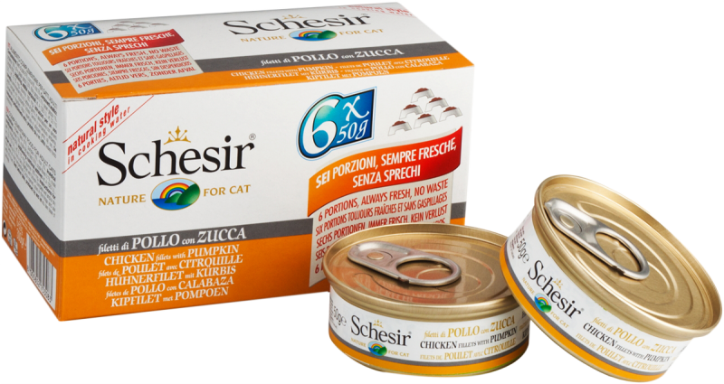 Schesir Cat Soft Adult filetti in gelatina alimento completo lattina Multipack 6x50 gr - Filetti di Pollo con Zucca