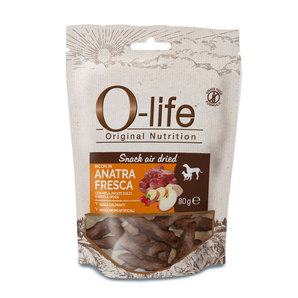 O-life Dog Adult Grain Free Air Dried Snack carne essiccata 80 gr - Anatra