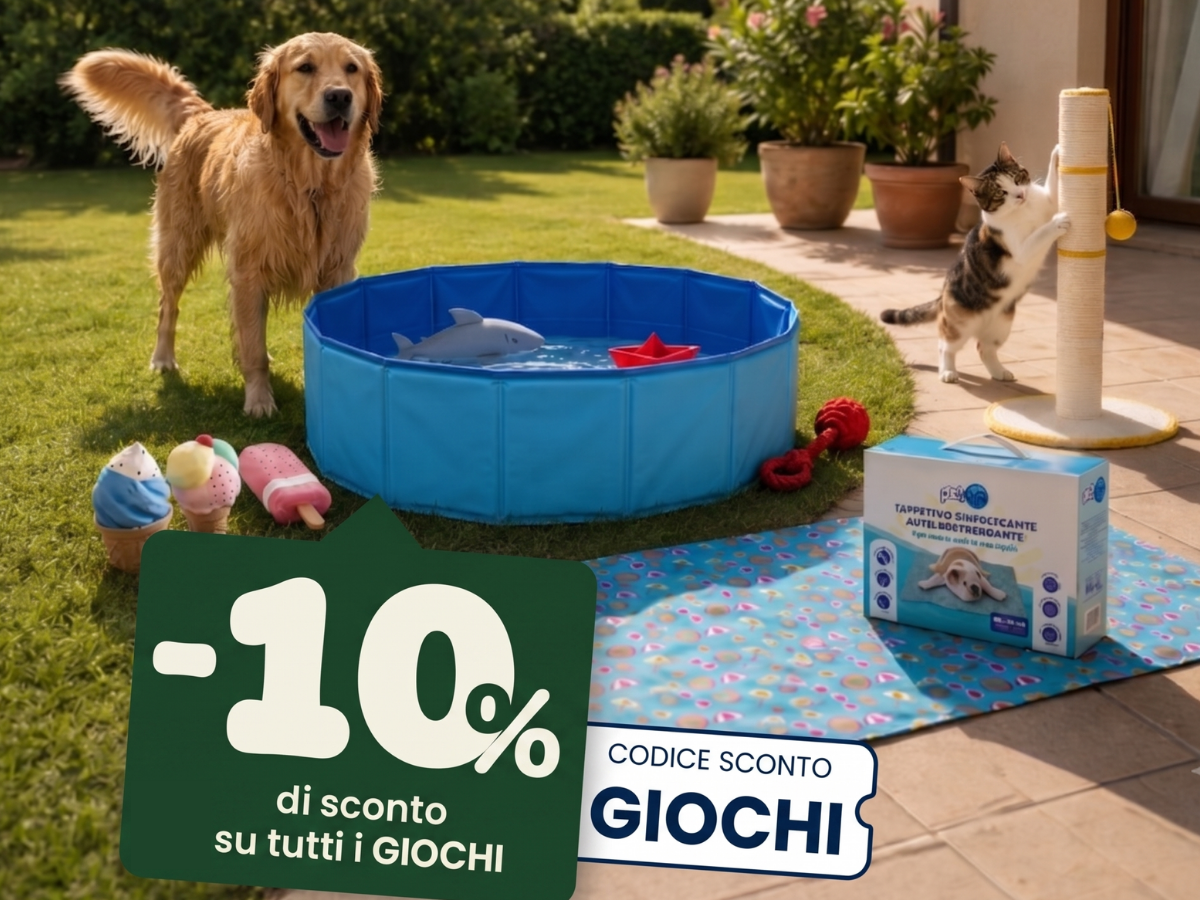 -10% di sconto su tutti i giochi per cani e gatti, anche su tiragraffi. Usa il codice GIOCHI attivo fino a fine mese. Promo non cumulabile