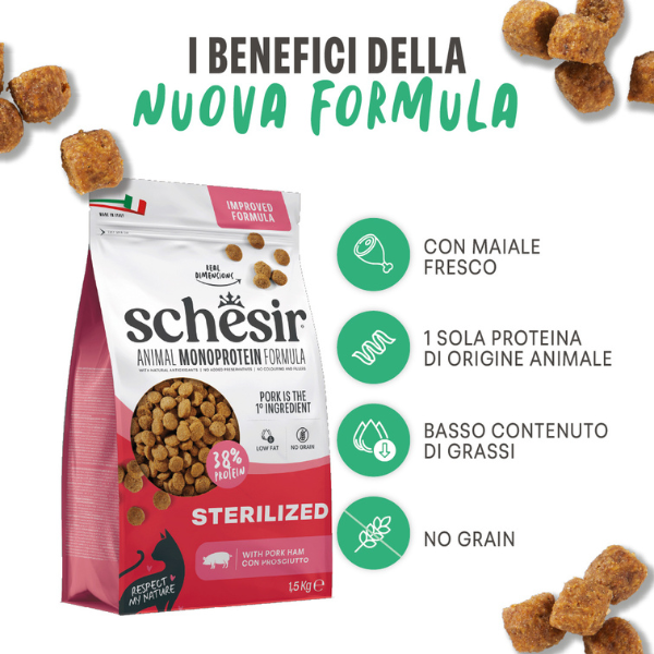 Schesir Cat Sterilized  Monoprotein formula Grain free Low Fat Prosciutto