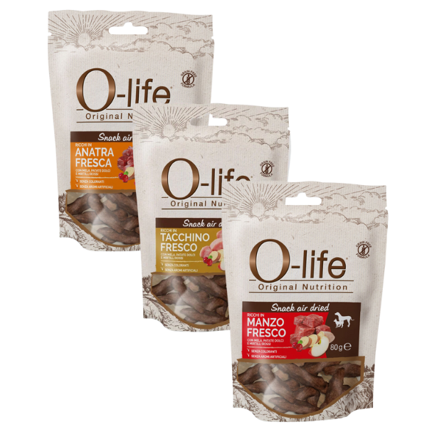 o-life dog adult grain free air dried snack carne essiccata 80 gr immagine2