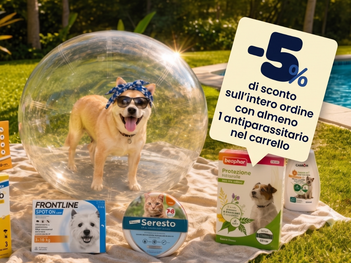 5% sull'intero ordine acquistando almeno 1 antiparassitario per cani o gatti. Proteggilo e risparmia!