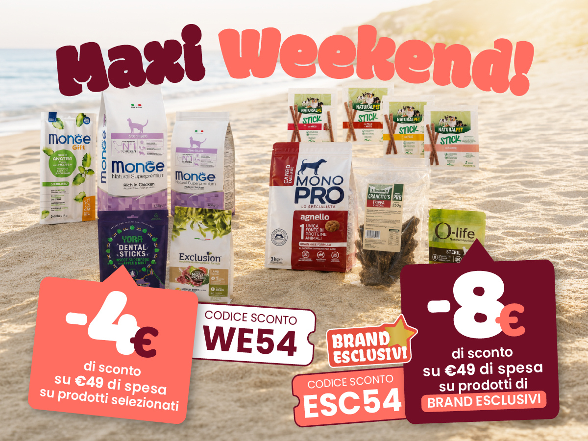 promo week end: usa WE54 per 4€ di sconto su tutto su 49€ di spesa, oppure usa ESC54 per 8€ di sconto su una spesa minima di 49€ in prodotti esclusivi. Scade alle 23:59 del 26/07