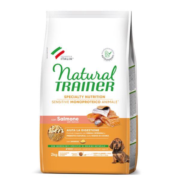 Natural Trainer Speciality Nutrition Sensitive Monoproteico Small&Toy Puppy e Junior con Salmone e cereali integrali