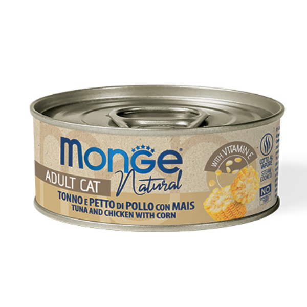 Monge Natural Adult cottura al vapore 80 gr - Tonno, Petto di Pollo e Mais