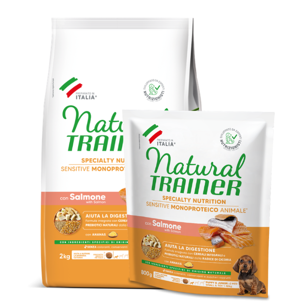 Natural Trainer Speciality Nutrition Sensitive Monoproteico Small&Toy Puppy e Junior con Salmone e cereali integrali