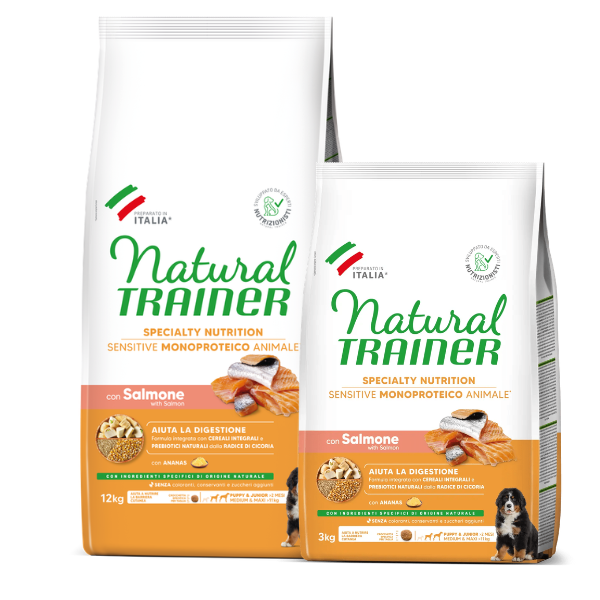 Natural Trainer Speciality Nutrition Sensitive Monoproteico Medium&Maxi Puppy e Junior con Salmone e cereali integrali
