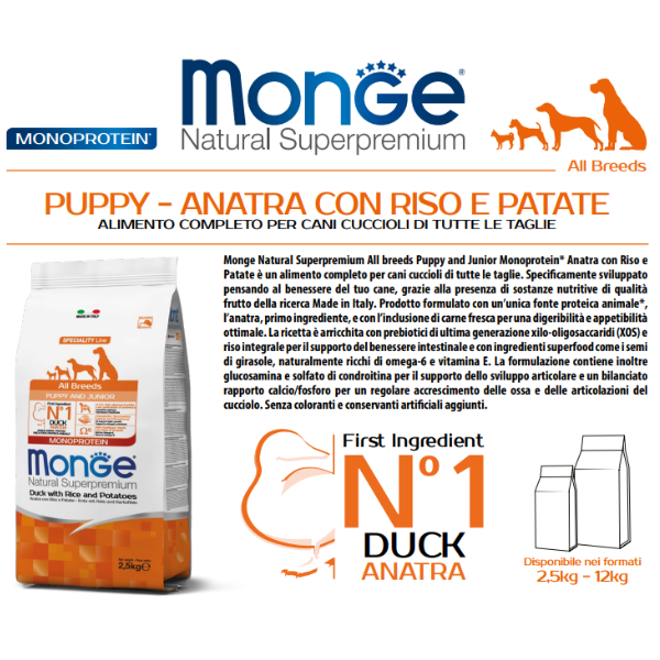 Monge Natural Superpremium All Breeds Puppy & Junior Monoprotein Anatra con Riso e Patate