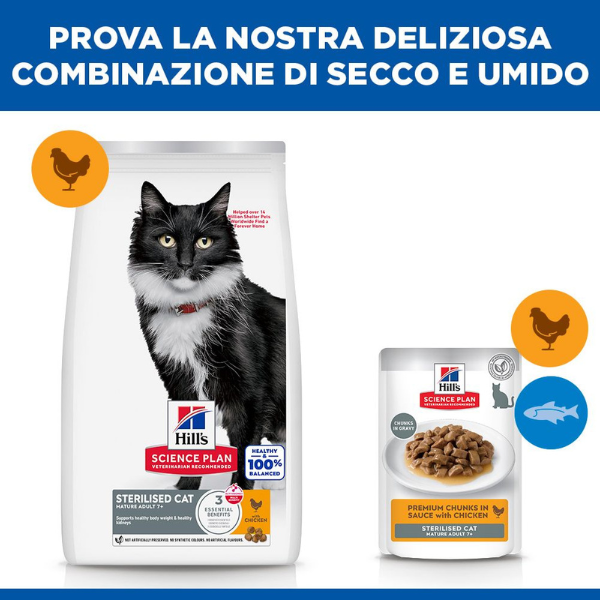 hill's science plan mature 7+ adult sterilised alimento per gatti con pollo immagine4