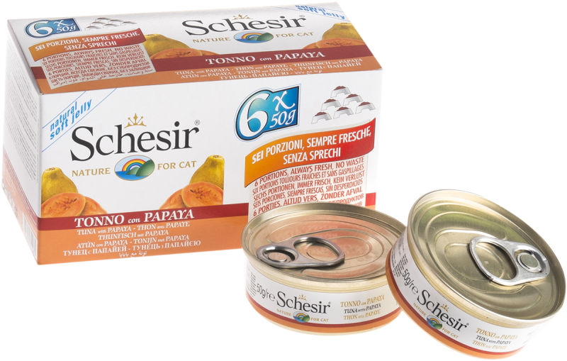 Schesir Cat Soft Adult filetti in gelatina alimento completo lattina Multipack 6x50 gr - Tonnetto con Papaya