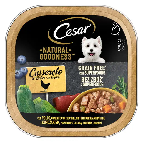 Cesar Dog Natural Goodness Casserole in salsa Grain Free 100 gr  Pollo, guarnito con zucchine e mirtilli bauzaarit.myshopify.com