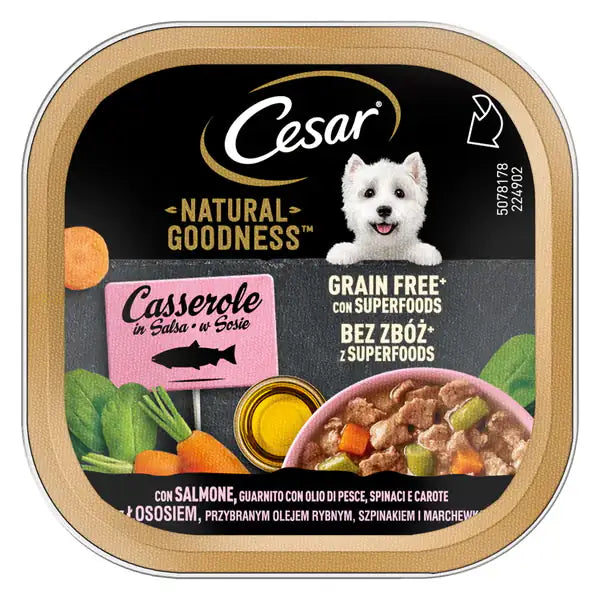 Cesar Dog Natural Goodness Casserole in salsa Grain Free 100 gr  Salmone, guarnito con olio di pesce, spinaci e carote bauzaarit.myshopify.com