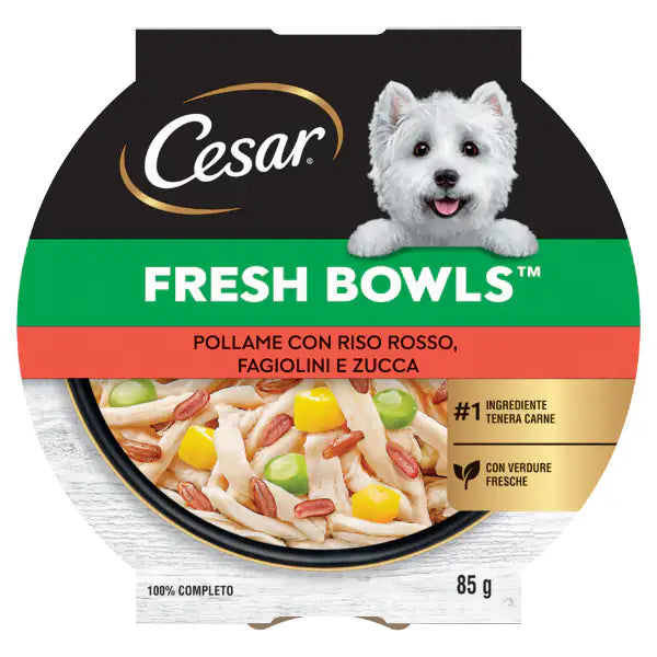 Cesar Fresh Bowls alimento completo per cani di piccola taglia 85 gr  Pollame, riso rosso, fagiolini e zucca bauzaarit.myshopify.com