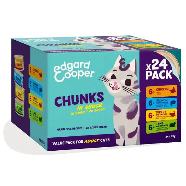 Edgard & Cooper Cat Adult Bocconcini in salsa Grain Free Multipack 24x85 gr  6x Pollo 6x Agnello 6x Salmone 6x Tacchino bauzaarit.myshopify.com