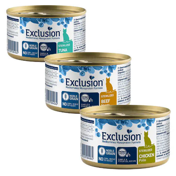 Exclusion Mediterraneo Cat Sterilizzato Noble Grain Monoproteico 85gr   bauzaarit.myshopify.com