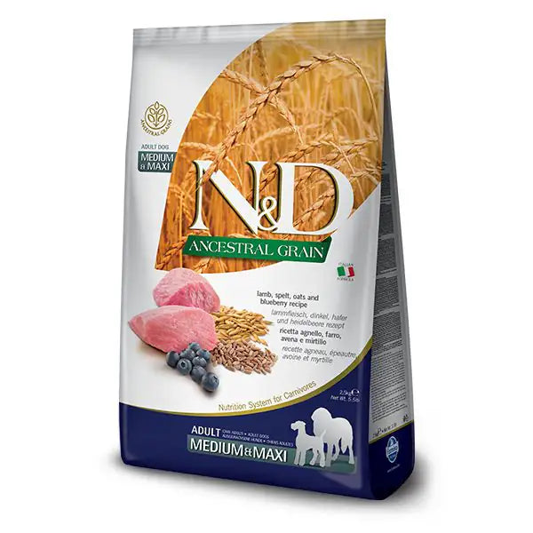 Farmina N&D Ancestral Grain Adult Medium/Maxi Agnello e Mirtillo   bauzaarit.myshopify.com
