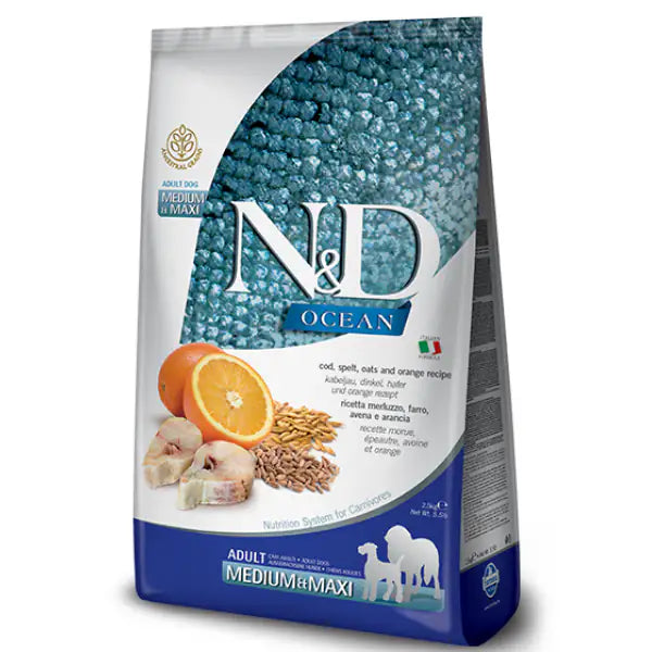 Farmina N&D Ocean Canine Adult Medium/Maxi Merluzzo Farro e Arancia  12 kg bauzaarit.myshopify.com