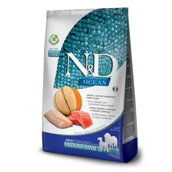 Farmina N&D Ocean Canine Adult Medium/Maxi Salmone, Merluzzo e melone cantalupo   bauzaarit.myshopify.com