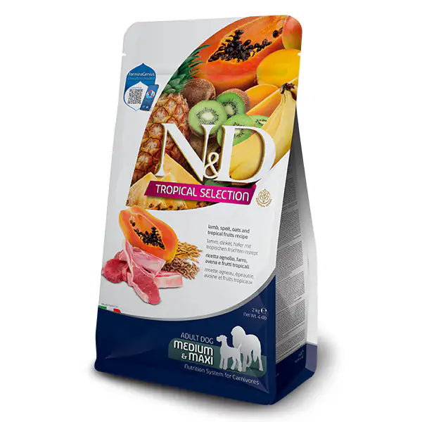 Farmina N&D Tropical Dog Adult Medium/Maxi Low Grain Agnello e frutta tropicale  10 kg bauzaarit.myshopify.com
