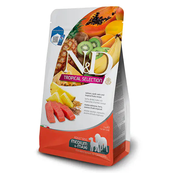 Farmina N&D Tropical Dog Adult Medium/Maxi Low Grain Salmone e frutta tropicale   bauzaarit.myshopify.com