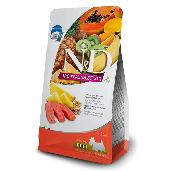 Farmina N&D Tropical Dog Adult Mini Low Grain Salmone e frutta tropicale   bauzaarit.myshopify.com