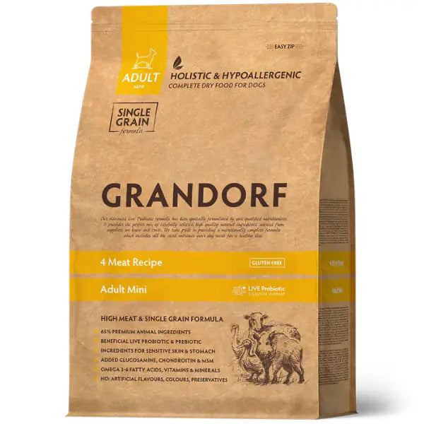 Grandorf Dog Adult Mini Hypoallergenic multiproteico 4 carni  8 Kg bauzaarit.myshopify.com