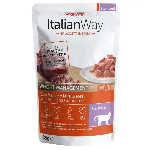 ItalianWay Cat Sfilaccetti in salsa Weight Management Sterilized 85 gr  Maiale e mirtilli bauzaarit.myshopify.com