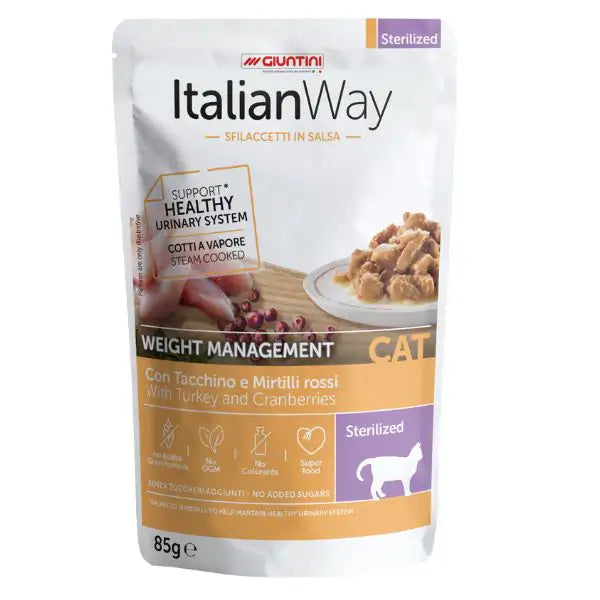 ItalianWay Cat Sfilaccetti in salsa Weight Management Sterilized 85 gr  Tacchino e mirtilli bauzaarit.myshopify.com
