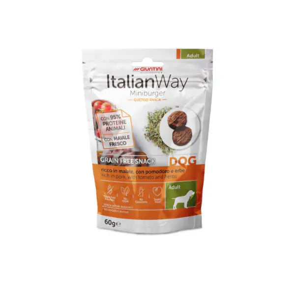 ItalianWay snack per cani Miniburger Grain Free 60 gr  Maiale con pomodoro bauzaarit.myshopify.com