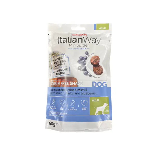 ItalianWay snack per cani Miniburger Grain Free 60 gr  Salmone, erbe e mirtilli (scadenza: 31/07/2026) bauzaarit.myshopify.com