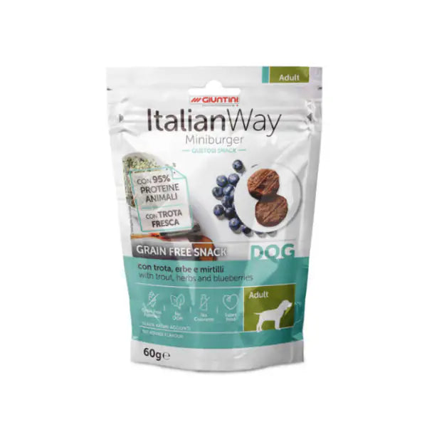 ItalianWay snack per cani Miniburger Grain Free 60 gr  Trota, erbe e mirtilli bauzaarit.myshopify.com