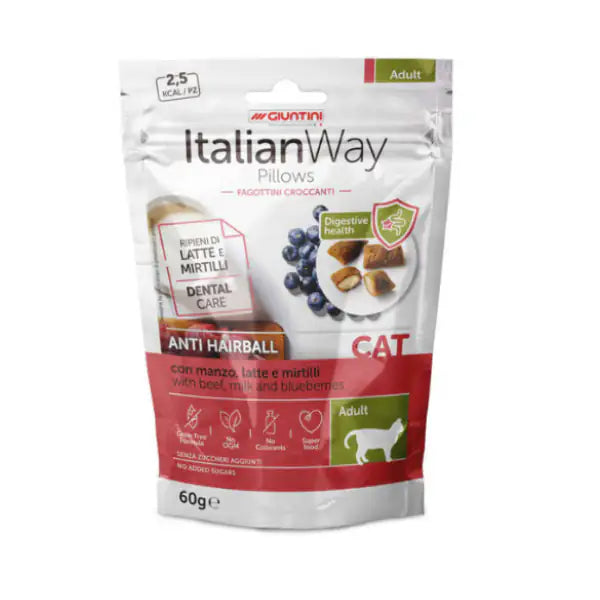 ItalianWay snack per gatti Pillows Grain Free 60 gr  Anti Hairball: Manzo, latte e mirtilli bauzaarit.myshopify.com