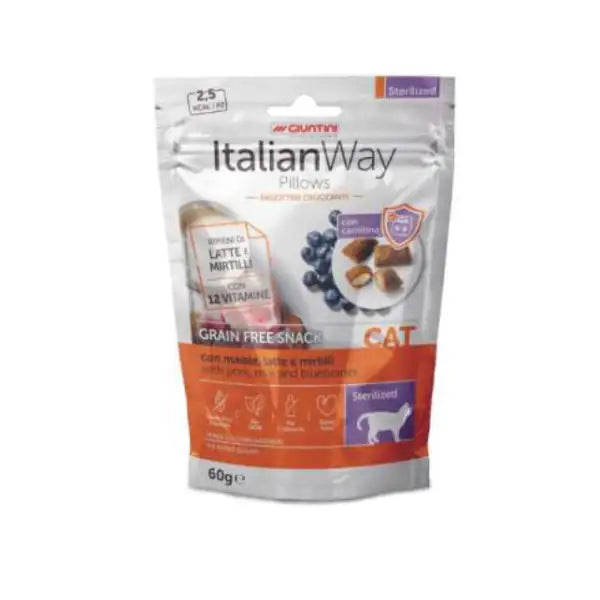 ItalianWay snack per gatti Pillows Grain Free 60 gr  Maiale, latte e mirtilli bauzaarit.myshopify.com