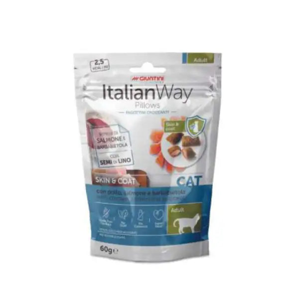 ItalianWay snack per gatti Pillows Grain Free 60 gr  Skin&Coat: pollo, salmone e barbabietola bauzaarit.myshopify.com