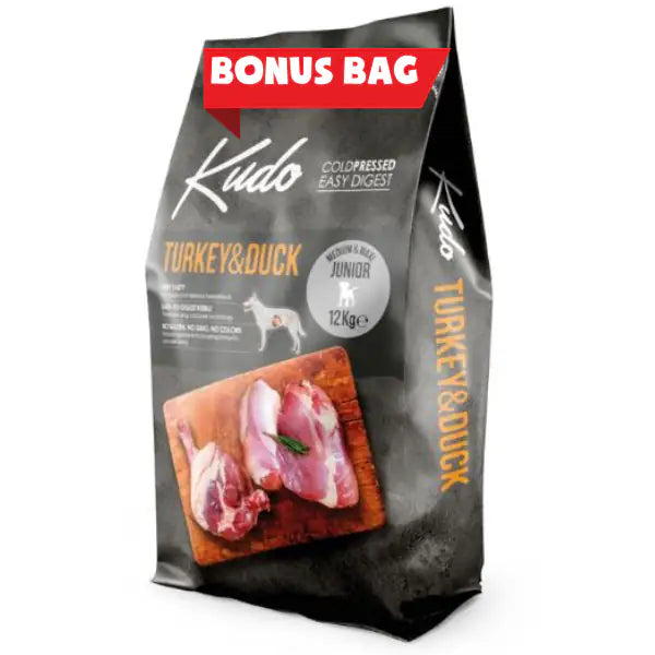 Kudo Low Grain Junior Medium/Maxi Tacchino e Anatra  12+2 kg bauzaarit.myshopify.com
