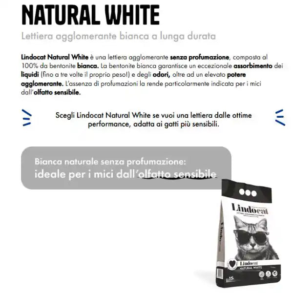 Lindocat Natural White lettiera agglomerante in bentonite bianca senza profumazione   bauzaarit.myshopify.com