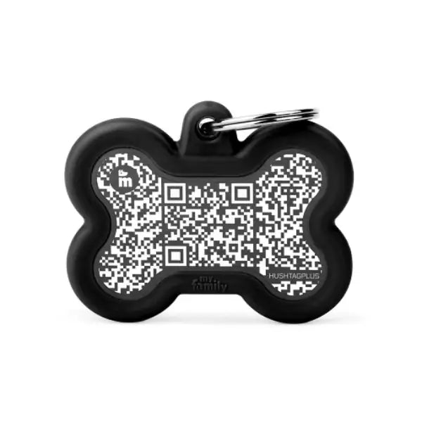 Medaglietta identificativa con Hushtag Plus QR Code Osso My Family  Nero bauzaarit.myshopify.com