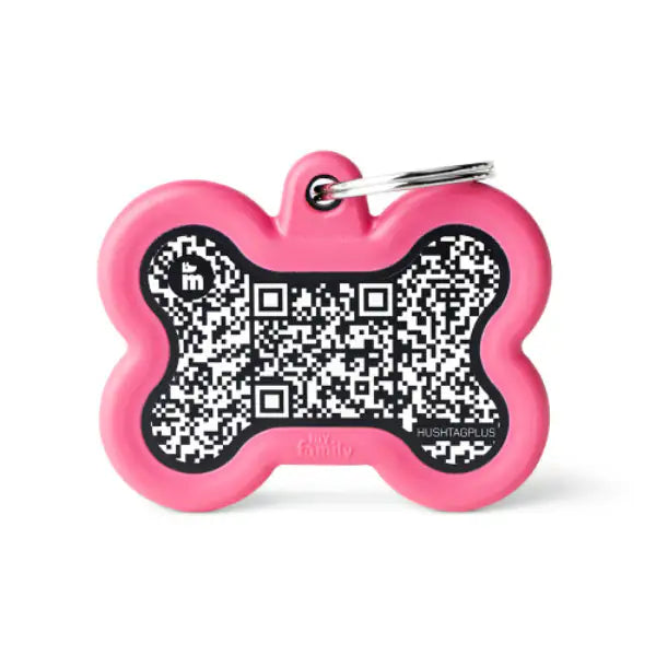 Medaglietta identificativa con Hushtag Plus QR Code Osso My Family  Rosa bauzaarit.myshopify.com
