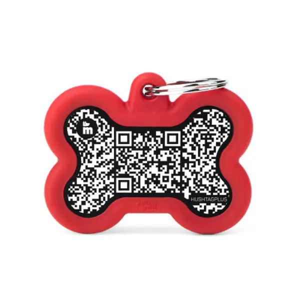 Medaglietta identificativa con Hushtag Plus QR Code Osso My Family  Rosso bauzaarit.myshopify.com