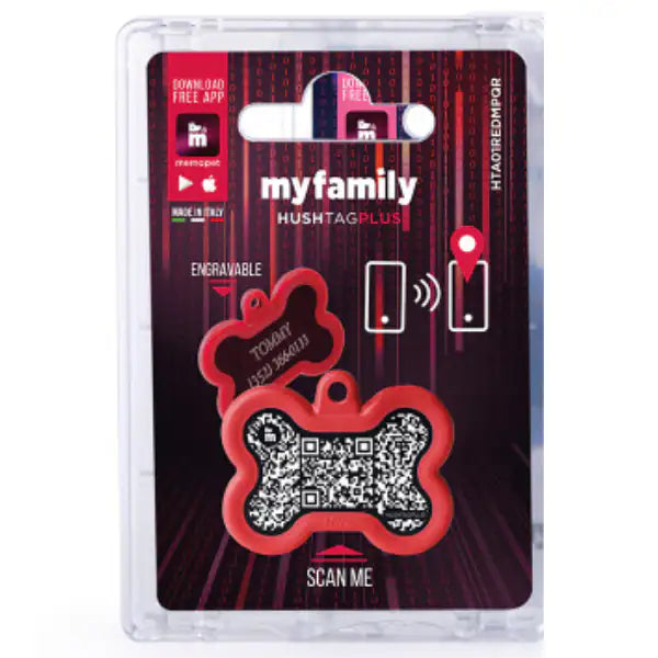 Medaglietta identificativa con Hushtag Plus QR Code Osso My Family   bauzaarit.myshopify.com