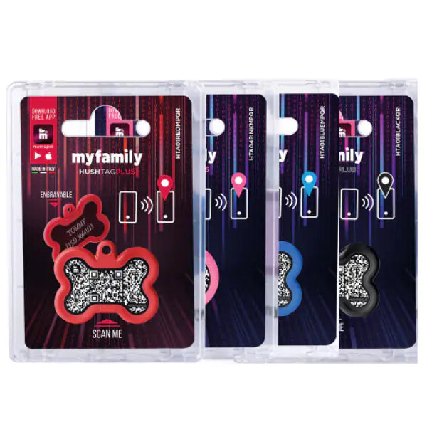 Medaglietta identificativa con Hushtag Plus QR Code Osso My Family   bauzaarit.myshopify.com