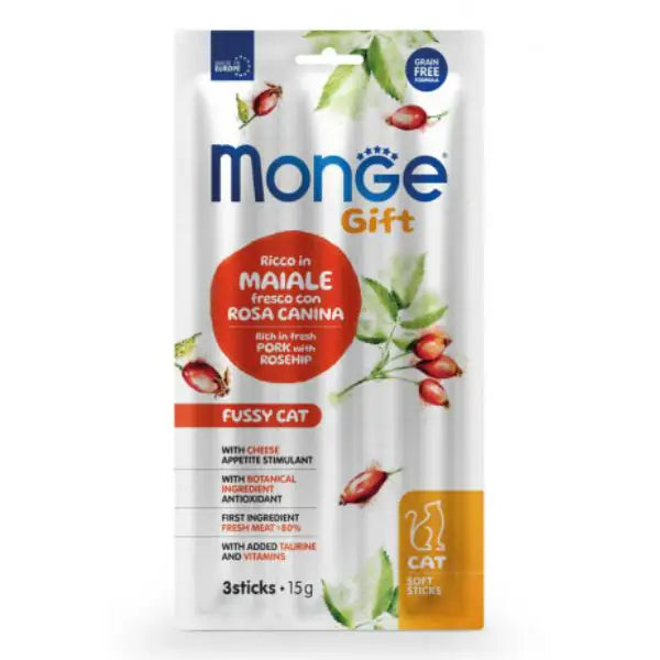 Monge Gift snack grain free per gatti Appetito Difficile  Maiale, rosa canina e formaggio - stick da 15 gr bauzaarit.myshopify.com
