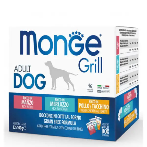 Monge Grill Grain Free Adult Dog Multipack 12x100g  Manzo - merluzzo - pollo bauzaarit.myshopify.com