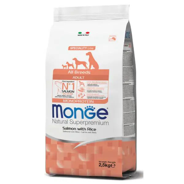 Monge Natural Superpremium All Breeds Adult Monoprotein Salmone con Riso   bauzaarit.myshopify.com