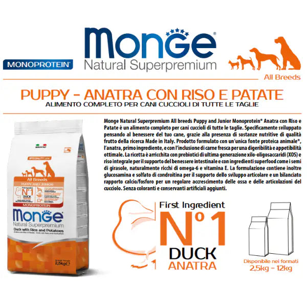 Monge Natural Superpremium All Breeds Puppy & Junior Monoprotein Anatra con Riso e Patate   Bauzaar.it