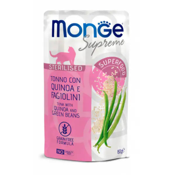 Monge Supreme Sterilised in salsa bustina da 80 gr  Tonno con quinoa e fagiolini bauzaarit.myshopify.com